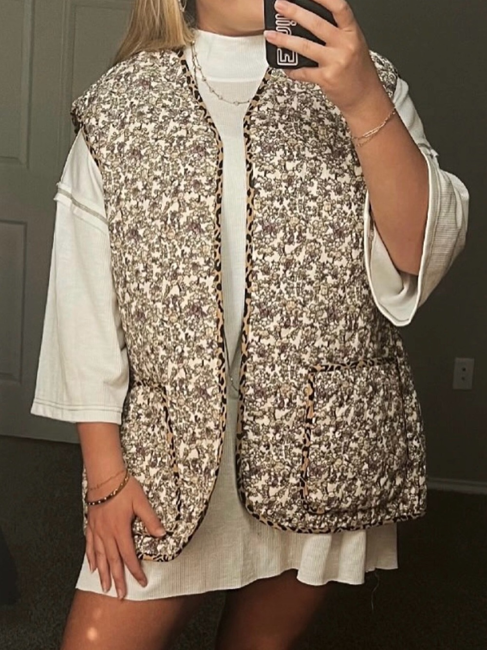 POL Quilted Floral Leopard Puffer Vest